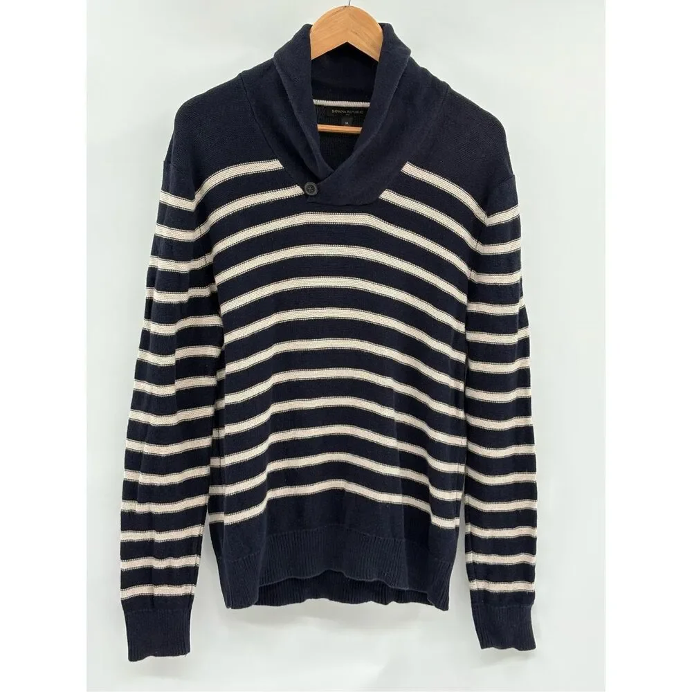 Banana Republic Sweater‎ Shawl Collar Men Medium Navy Blue Striped Long Sleeve